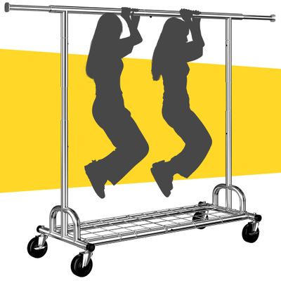 Raybee 75" W Heavy Duty Clothes Rack, 530 LBS Clothing Racks for Hanging Clothes, Rolling Clothing Rack with Sturdy Wheels, Metal Garment Rack for Bedroom, Laundry Room, Retail Store, Chrome