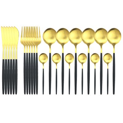 Black Gold Stainless Steel Matte Silverware Set - 24 Piece Flatware Set Satin Finish Cutlery Utensil Set Service for 6 Include Knife Fork Spoon Best Gift for Housewarming Party Dishwasher Safe