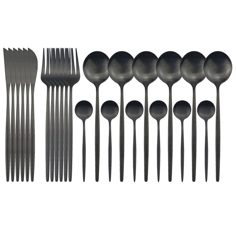 Black Stainless Steel Matte Silverware Set - 24 Piece Flatware Set Satin Finish Cutlery Utensil Set Service for 6 Include Knife Fork Spoon Best Gift for Housewarming Party Dishwasher Safe