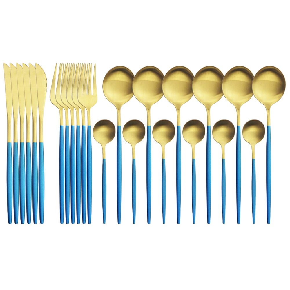 Blue Gold Stainless Steel Matte Silverware Set - 24 Piece Flatware Set Satin Finish Cutlery Utensil Set Service for 6 Include Knife Fork Spoon Best Gift for Housewarming Party Dishwasher Safe