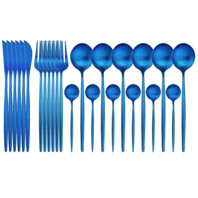 Blue Stainless Steel Matte Silverware Set - 24 Piece Flatware Set Satin Finish Cutlery Utensil Set Service for 6 Include Knife Fork Spoon Best Gift for Housewarming Party Dishwasher Safe