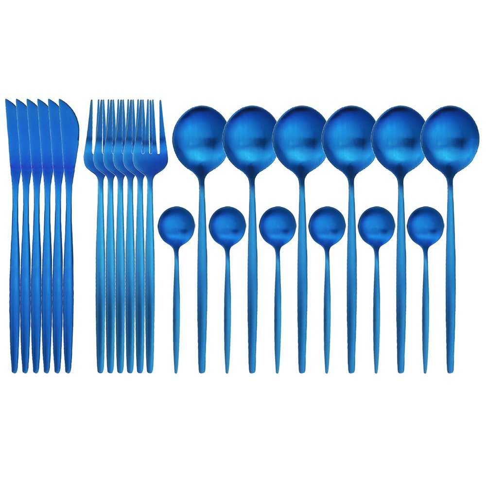 Blue Stainless Steel Matte Silverware Set - 24 Piece Flatware Set Satin Finish Cutlery Utensil Set Service for 6 Include Knife Fork Spoon Best Gift for Housewarming Party Dishwasher Safe