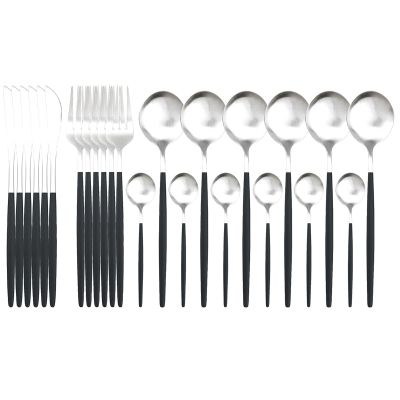 Black Silver Stainless Steel Matte Silverware Set - 24 Piece Flatware Set Satin Finish Cutlery Utensil Set Service for 6 Include Knife Fork Spoon Best Gift for Housewarming Party Dishwasher Safe