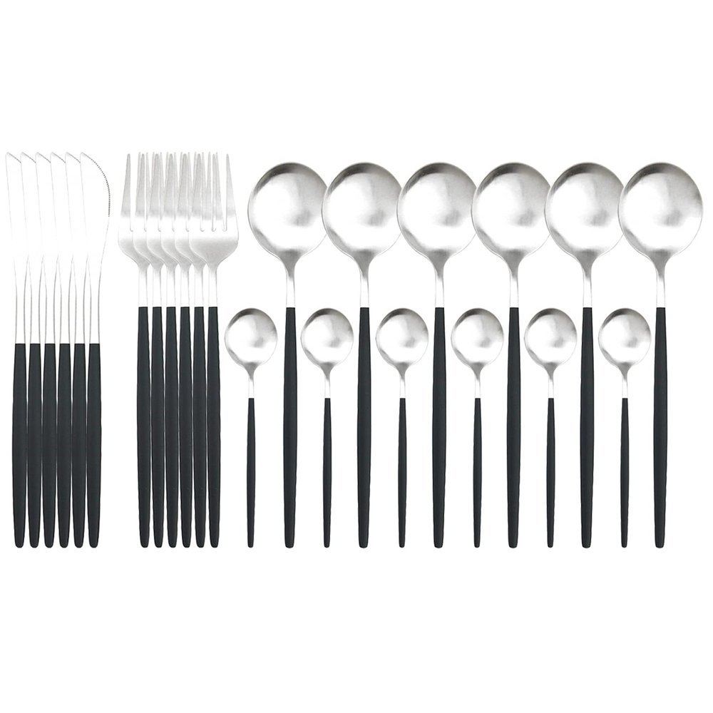 Black Silver Stainless Steel Matte Silverware Set - 24 Piece Flatware Set Satin Finish Cutlery Utensil Set Service for 6 Include Knife Fork Spoon Best Gift for Housewarming Party Dishwasher Safe