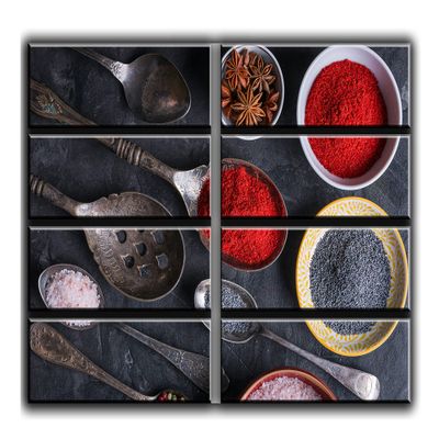 8 Huge Piece Spices and Peppers in Spoons Wall Art Decor Picture Painting Poster Print on Canvas Panels Pieces - Vegan Theme Wall Decoration Set - Seasoning Salt Wall Picture for Kitchen 8p, 70x100