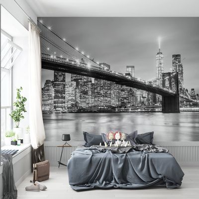 Niwo ART - Brooklyn Bridge and New York City Manhattan Downtown Skyline at Dusk with Skyscrapers, Removable Wall Mural | Self-Adhesive Large Wallpaper (64"x96")