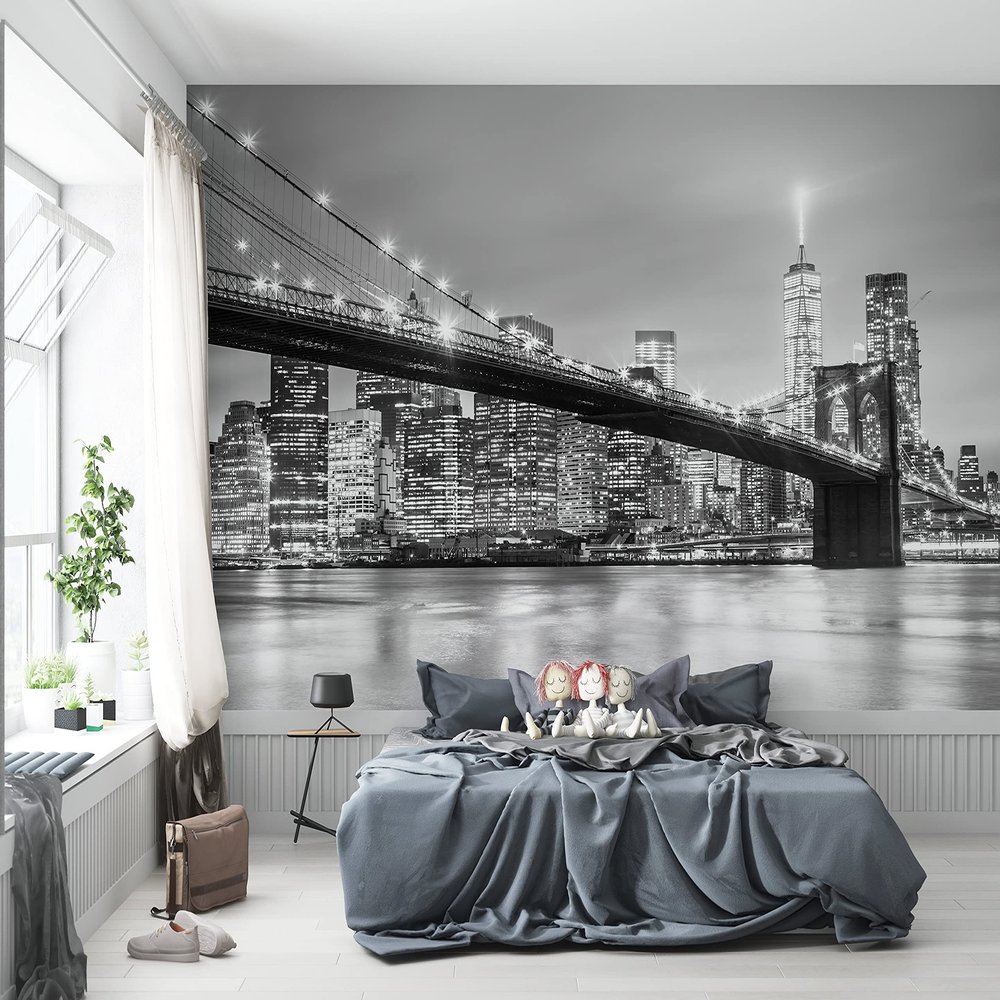Niwo ART - Brooklyn Bridge and New York City Manhattan Downtown Skyline at Dusk with Skyscrapers, Removable Wall Mural | Self-Adhesive Large Wallpaper (64"x96")