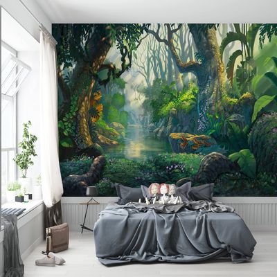 Niwo ART - Fantasy Forest Background Illustration Painting, Removable Wall Mural | Self-Adhesive Large Wallpaper (96"x144")