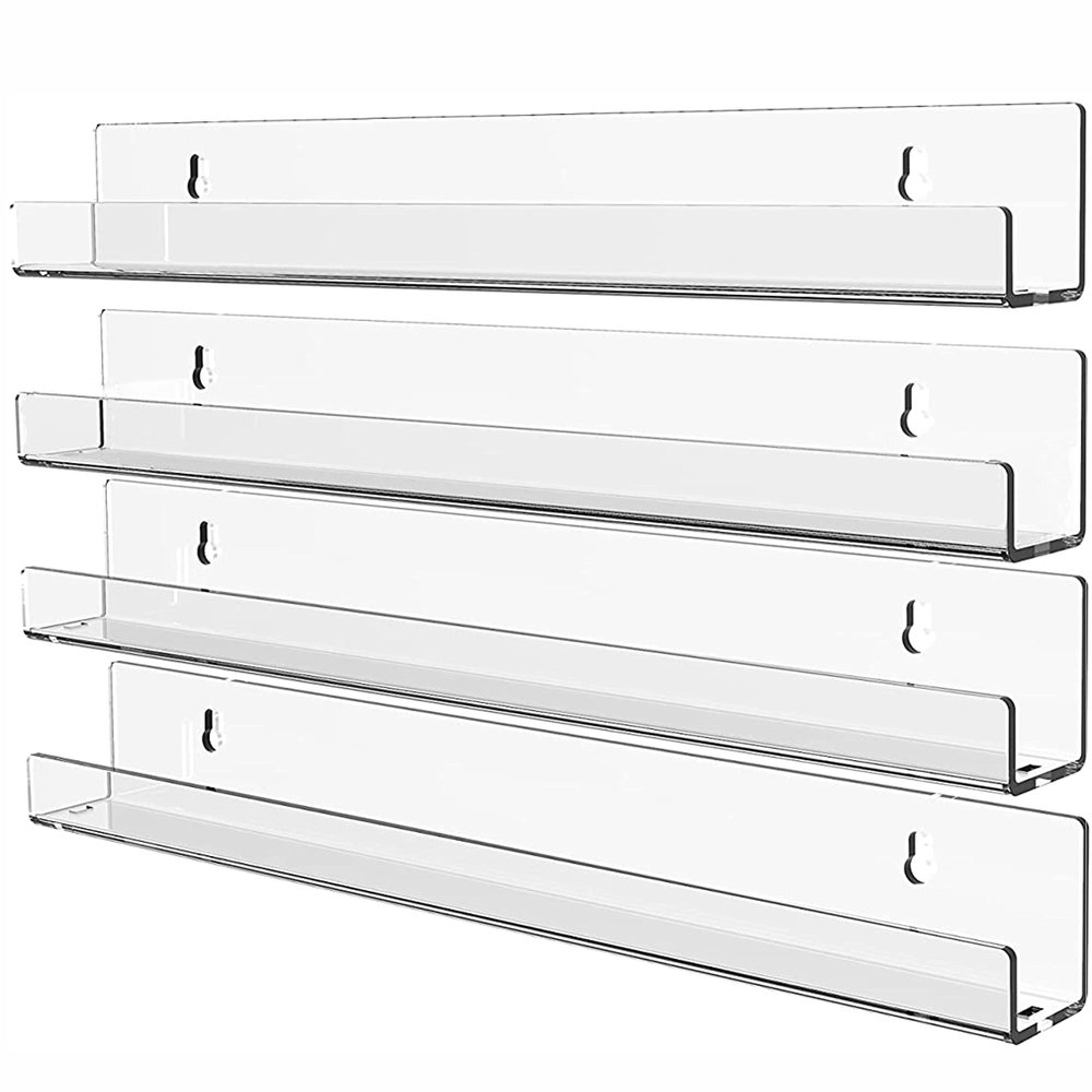 4 Pack Vinyl Record Wall Display,15" Acrylic Invisible Floating Bookshelf for Kids Room,Clear Wall Mounted Hanging Book Shelves,Modern Picture Ledge Display and Album Vinyl Wall Mount Shelf