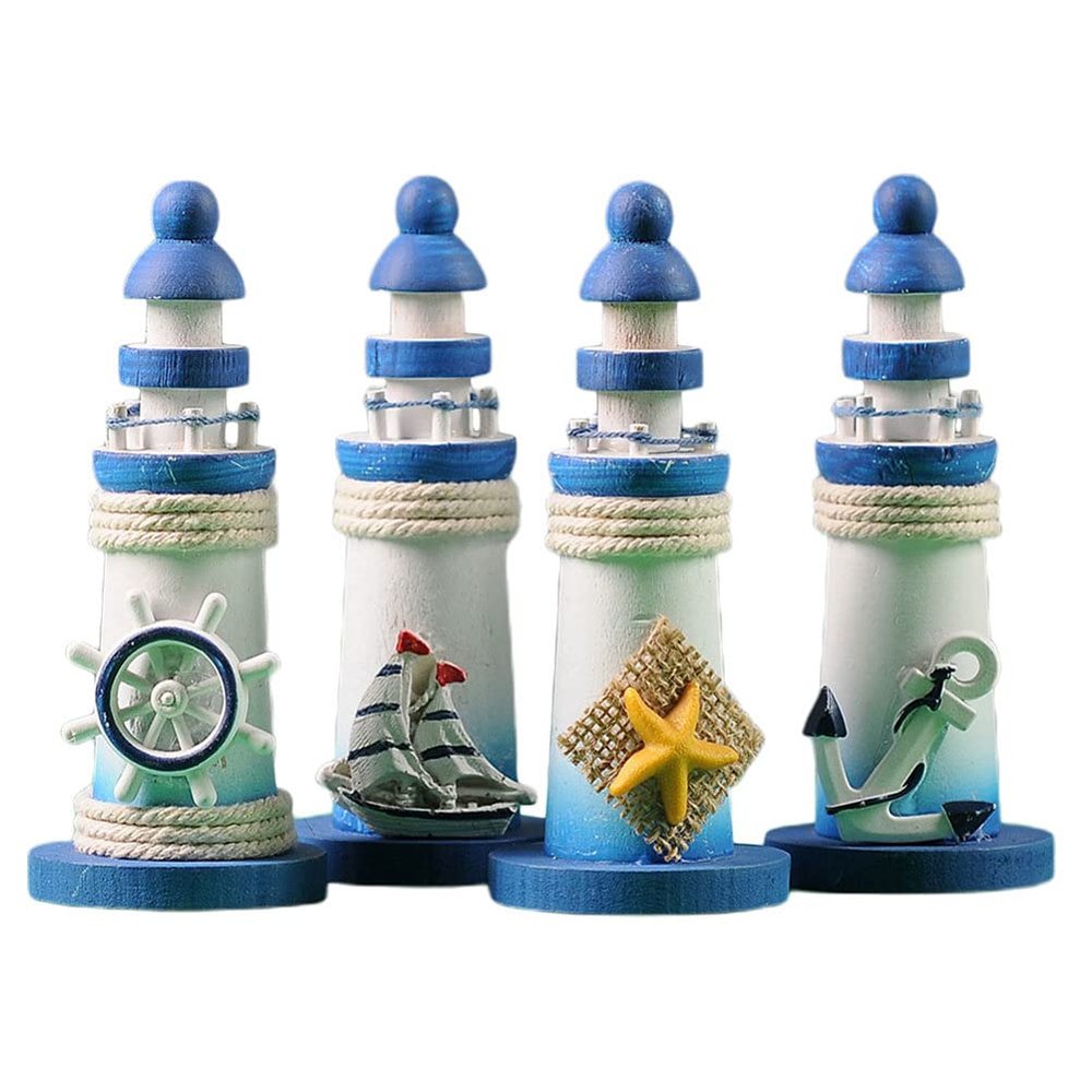 4pcs Mini Lighthouse Blue Lighthouse Figurine Lighthouse Table Kids Fish Ocean Miniatures Lighthouse Miniature Lighthouse Ornaments Wooden Seaside Nautical Lighthouse Wedding