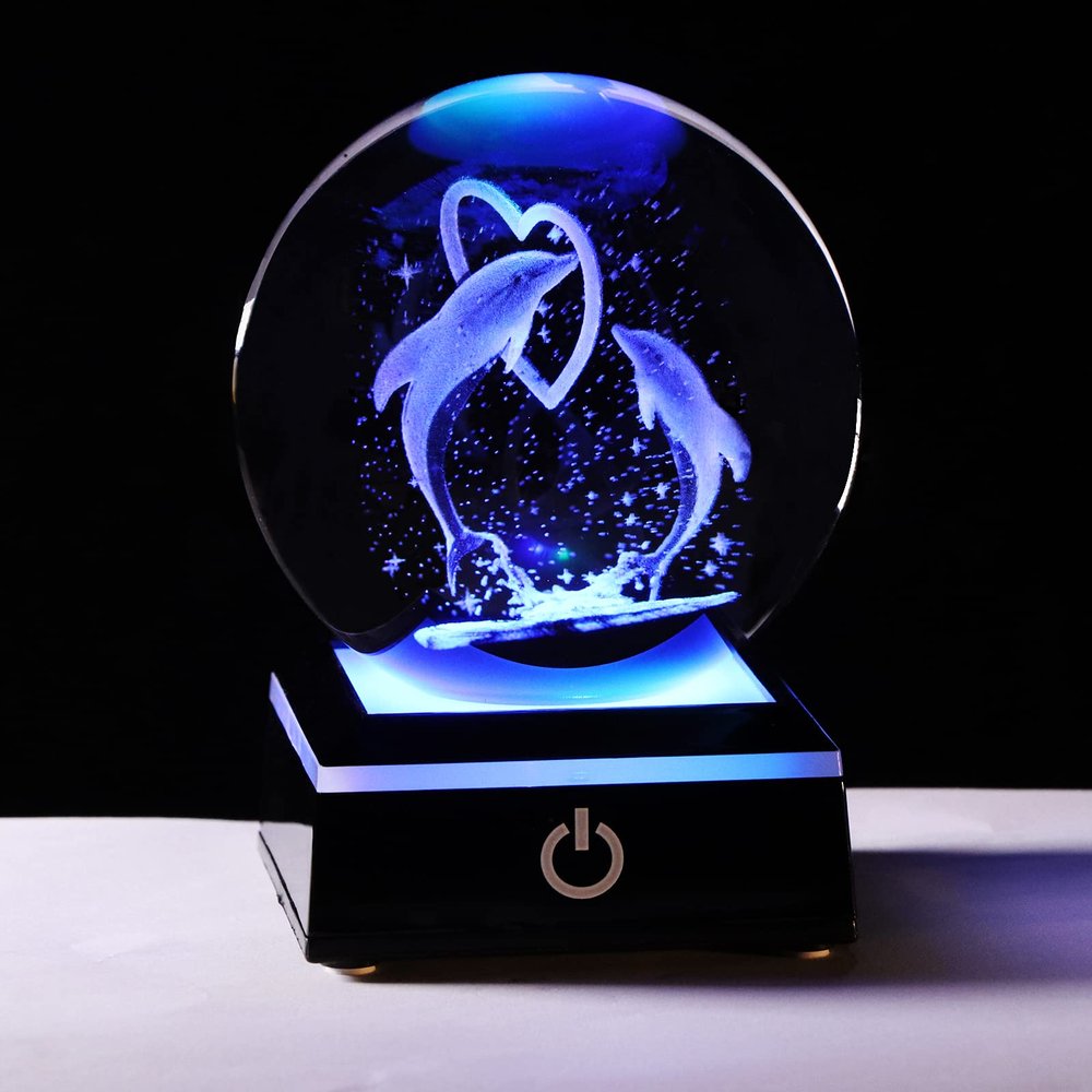 Qianwei 3D Laser Crystal Ball Dolphin Gifts for Women Men,Dolphin Decor Glass Figurines Statue Stuff for Room Decorations Birthday for Lovers Keepsake Paperweight
