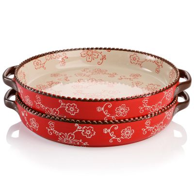 AVLA 2 Pack Ceramic Pie Pan, 9 Inch Round Baking Dish with Double Handle, 28 Ounce Deep Quiche Plate for Kitchen, Cooking, Roasting Lasagna (Sakura, Red)