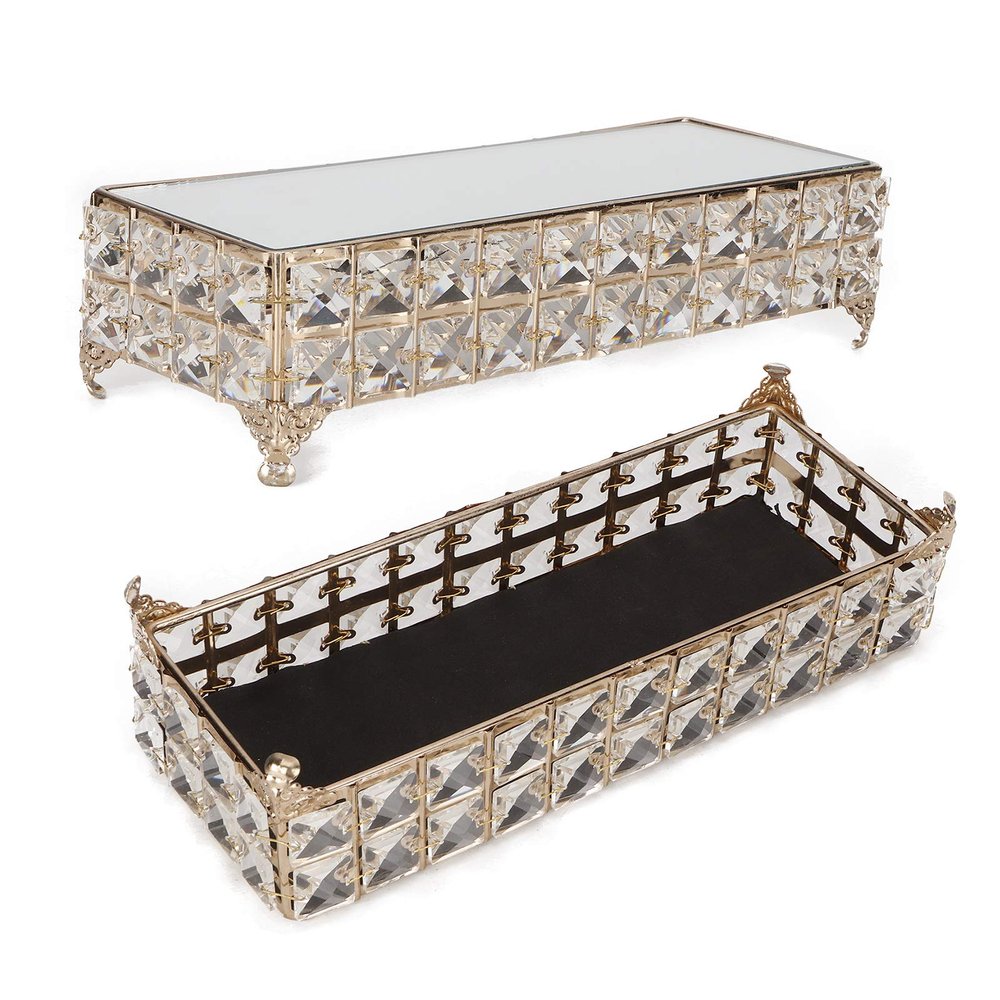 Alvinlite Rectangular Cake Stand Holder Wrought Iron Crystal Tray Glass Mirror Fruit Plate for Home Wedding Party Supplies