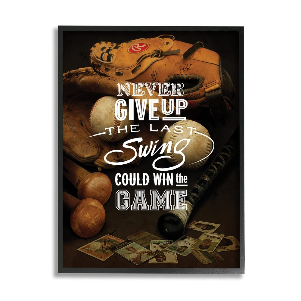 Stupell Industries Never Give Up Phrase Baseball Cards Glove Bat