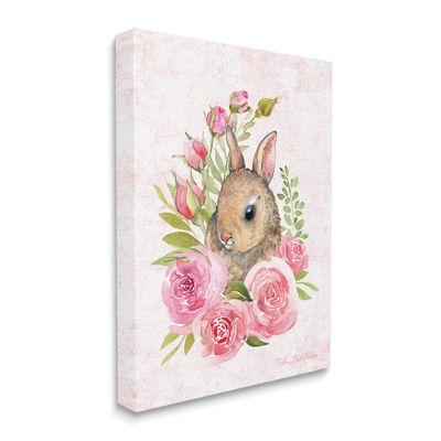 Stupell Industries Cute Bunny Rabbit Pink Blooming Rose Flowers