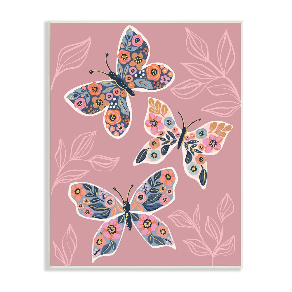 Stupell Industries Chic Floral Butterfly Wing Patterns Pink Plant Leaves