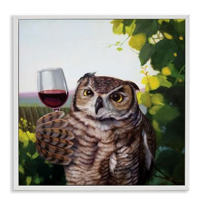 Stupell Industries Horned Owl Drinking Red Wine Vineyard Bird, Designed by Lucia Heffernan White Framed Wall Art, Green