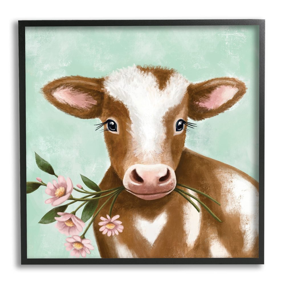 Stupell Industries Baby Brown Cow Soft Eyes Pink Daisy Florals, Designed by Elizabeth Tyndall Black Framed Wall Art, Green