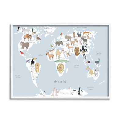 Stupell Industries Children's Animal World Map Playful Illustration Light Blue