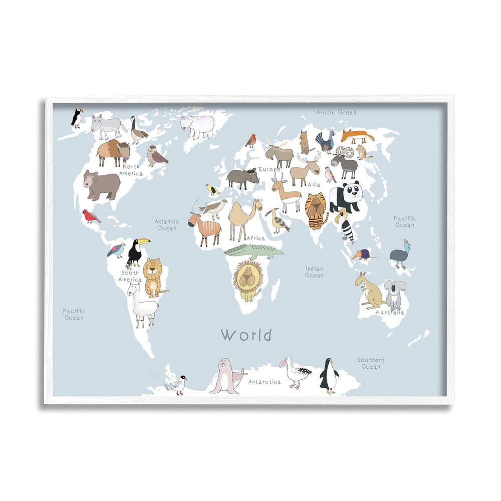 Stupell Industries Children's Animal World Map Playful Illustration Light Blue