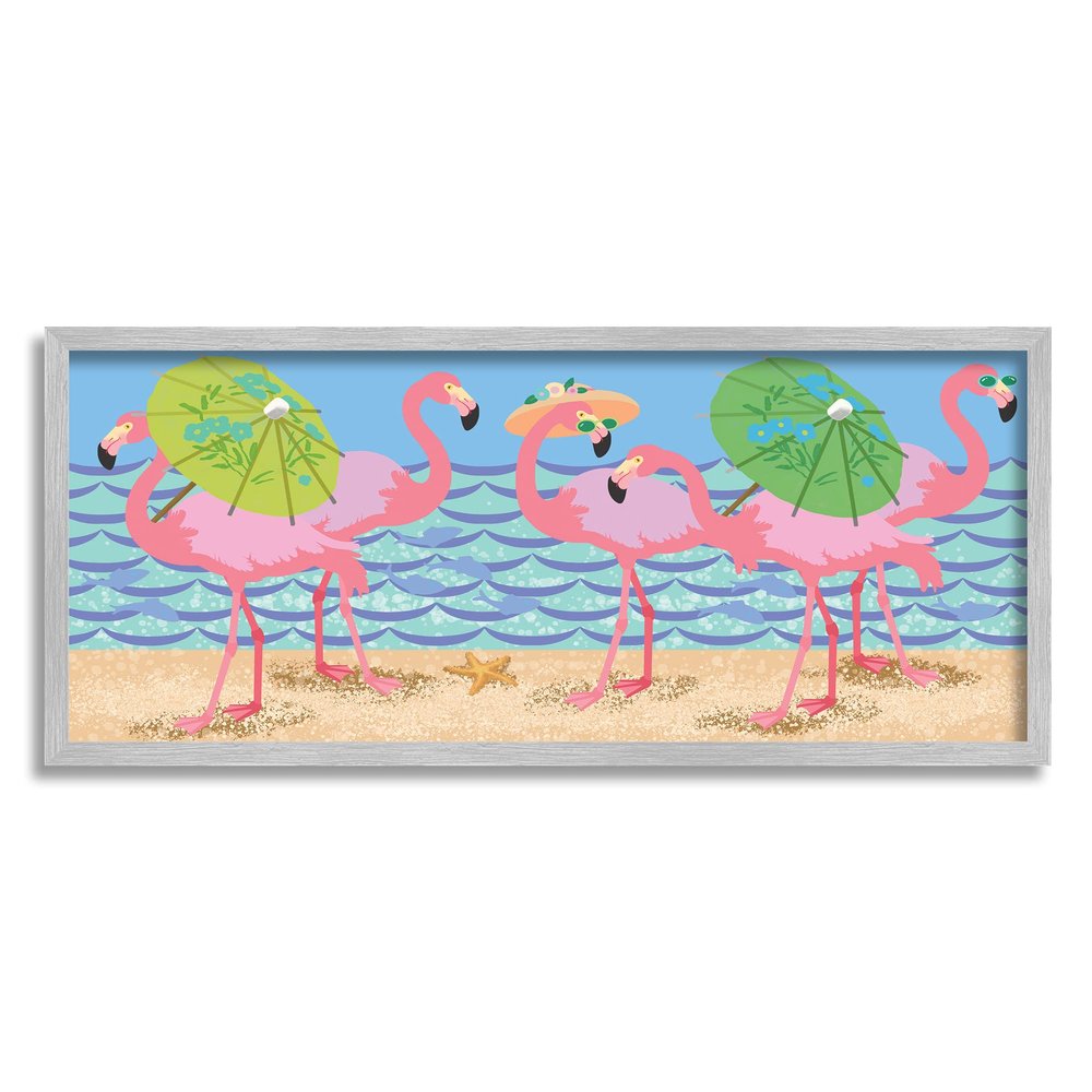Stupell Industries Pink Flamingos with Floral Umbrellas Beach Waves
