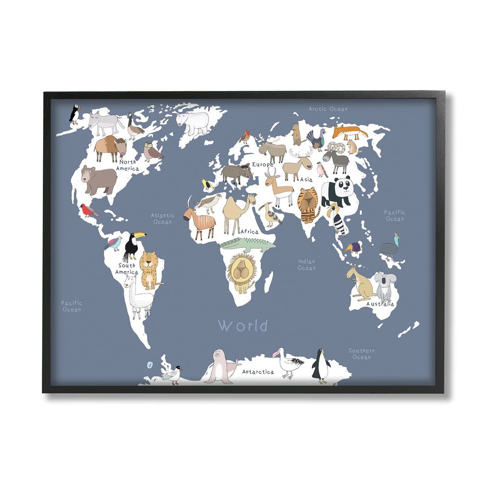 Stupell Industries Adorable Animal World Map Kid's Lion Tiger Bear