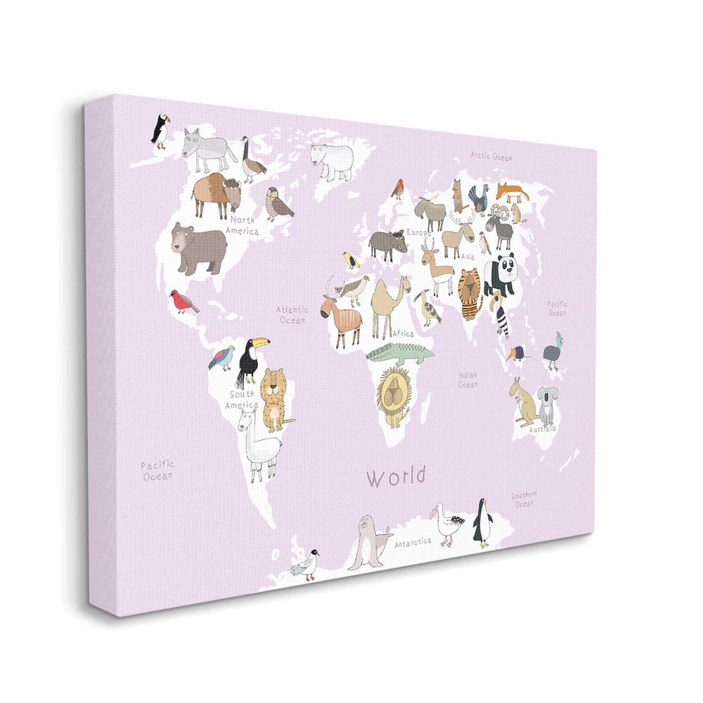 Stupell Industries Kid's Map of The World with Animals Light Pink