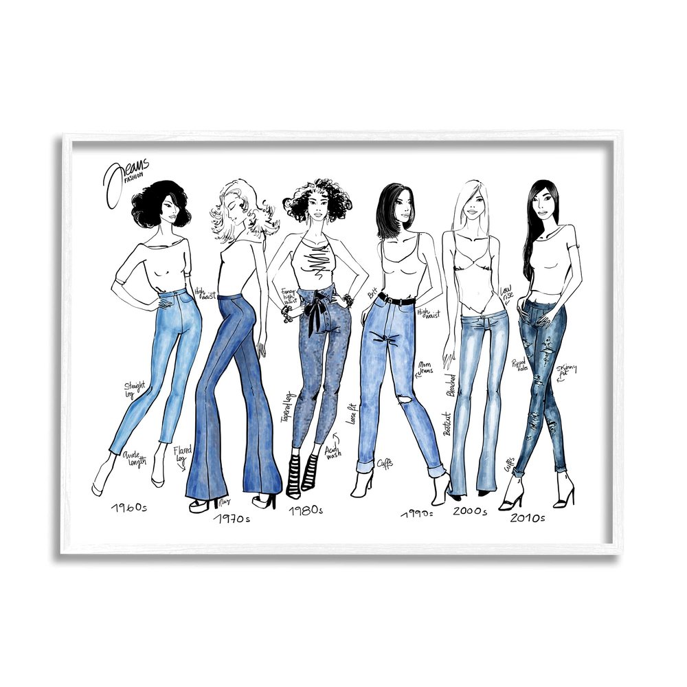 Stupell Industries Denim by Decades Female Fashion Jeans Blue, Designed by BlursByAI White Framed Wall Art