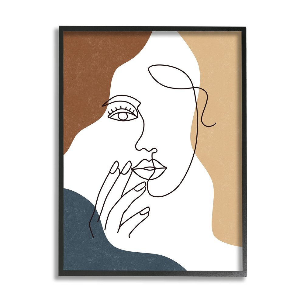 Stupell Industries Female Portrait Line Drawing Between Abstract Shapes, Designed by JJ Design House LLC Black Framed Wall Art, Brown