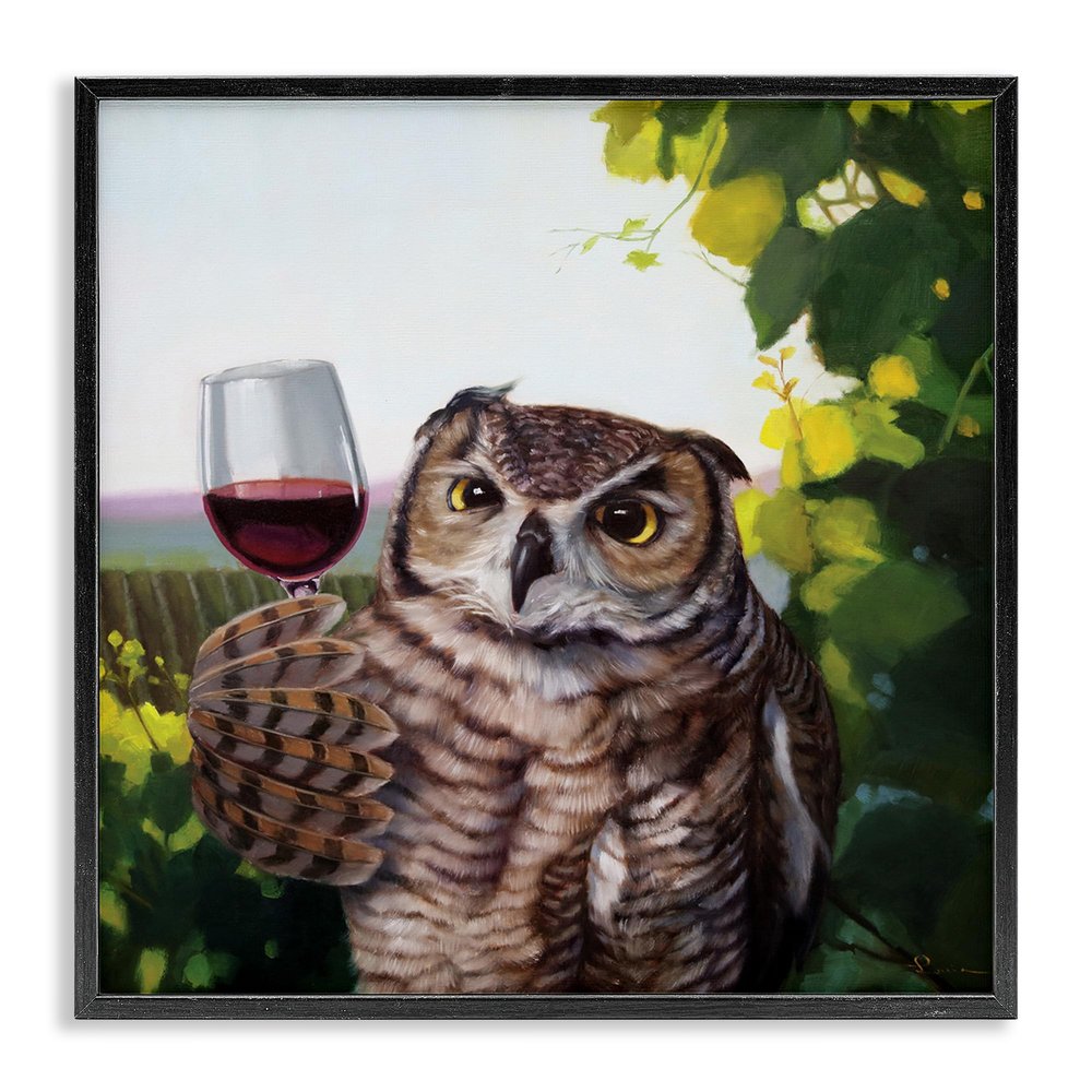 Stupell Industries Horned Owl Drinking Red Wine Vineyard Bird, Designed by Lucia Heffernan Black Framed Wall Art, Green