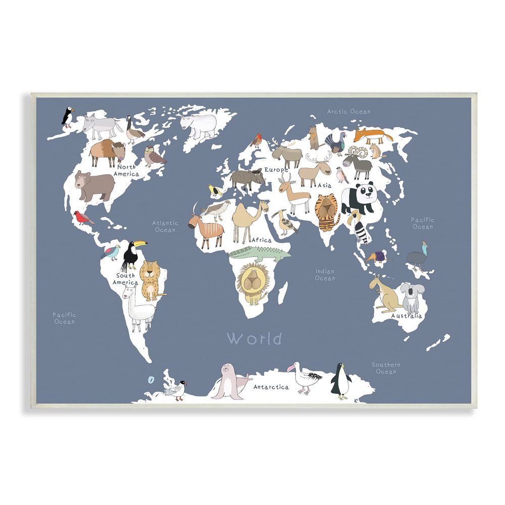 Stupell Industries Adorable Animal World Map Kid's Lion Tiger Bear