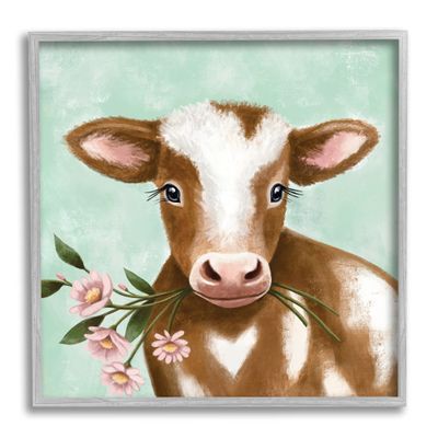 Stupell Industries Baby Brown Cow Soft Eyes Pink Daisy Florals, Designed by Elizabeth Tyndall Gray Framed Wall Art, Green