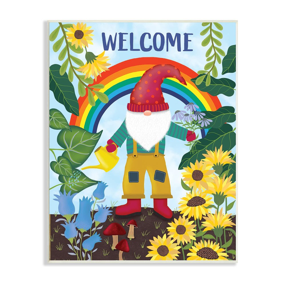 Stupell Industries Rainbow Welcome Garden Gnome Sunflowers Mushrooms