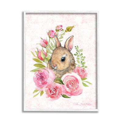 Stupell Industries Cute Bunny Rabbit Pink Blooming Rose Flowers