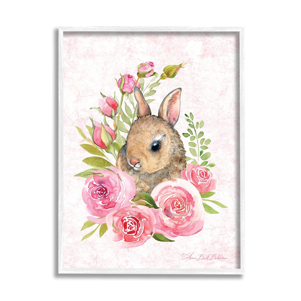 Stupell Industries Cute Bunny Rabbit Pink Blooming Rose Flowers