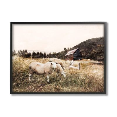 Stupell Industries Autumn Field Farm Sheep Grazing Wilderness, Designed by Bluebird Barn Black Framed Wall Art, Beige