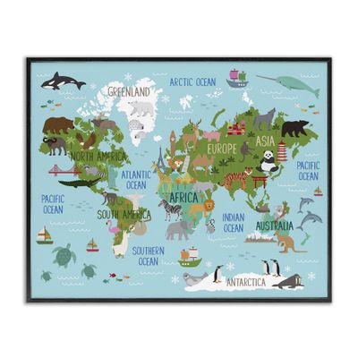 Stupell Industries Kid's Animal World Map Favorite Regional Wildlife, Designed by Lisa Whitebutton Black Framed Wall Art, Blue