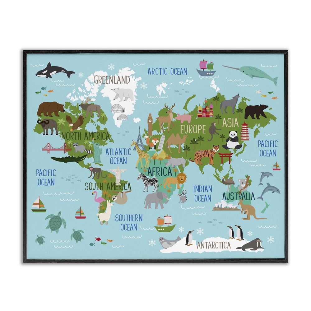 Stupell Industries Kid's Animal World Map Favorite Regional Wildlife, Designed by Lisa Whitebutton Black Framed Wall Art, Blue