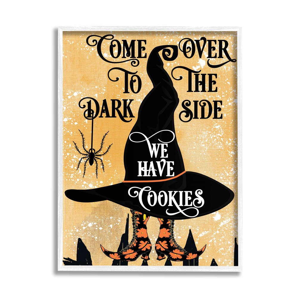 Stupell Industries Dark Side Has Cookies Festive Halloween Witch Hat, Designed by Jill Meyer White Framed Wall Art, Yellow