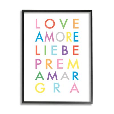 Stupell Industries Love Amore Liebe Romantic Phrases Bold Rainbow Text, Designed by Elizabeth Tyndall Black Framed Wall Art