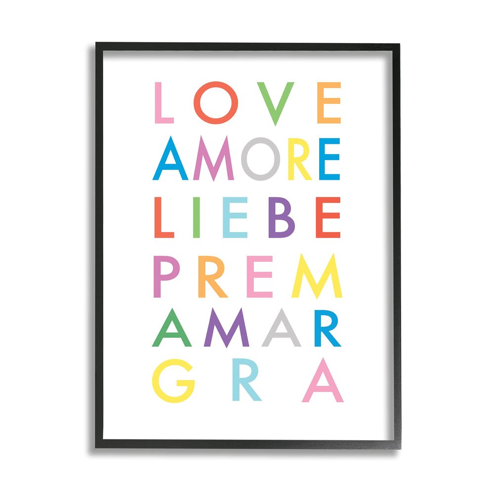 Stupell Industries Love Amore Liebe Romantic Phrases Bold Rainbow Text, Designed by Elizabeth Tyndall Black Framed Wall Art