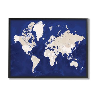 Stupell Industries Traditional World Map Neutral Tone Continents On Blue