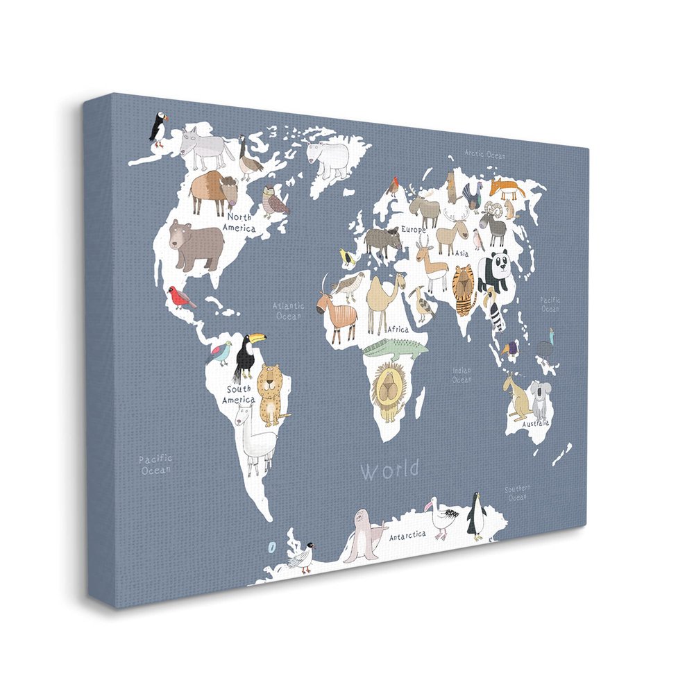 Stupell Industries Adorable Animal World Map Kid's Lion Tiger Bear