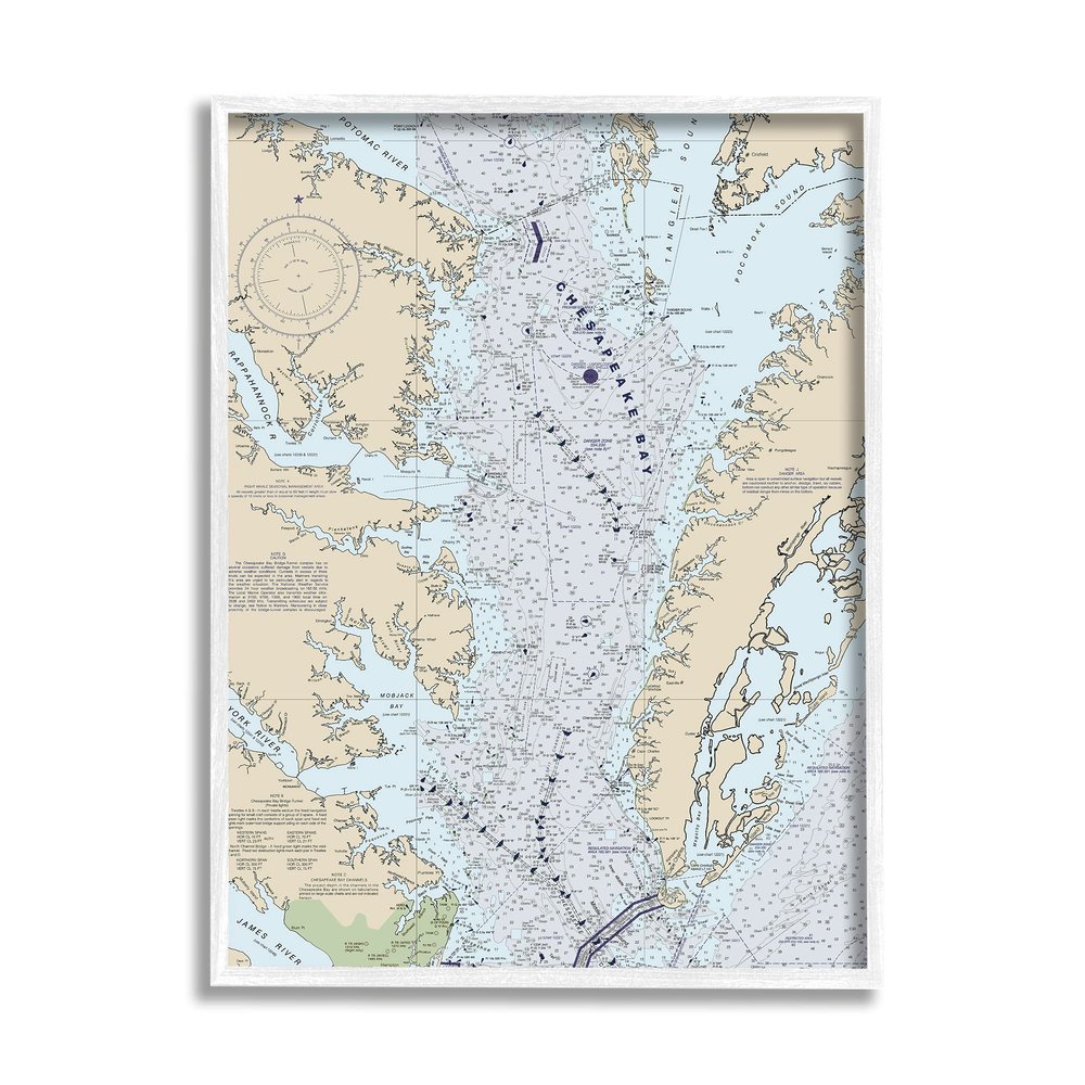 Stupell Industries Chesapeake Bay Water Flow Map Coastal Cartography, Designed by Daphne Polselli White Framed Wall Art, Tan