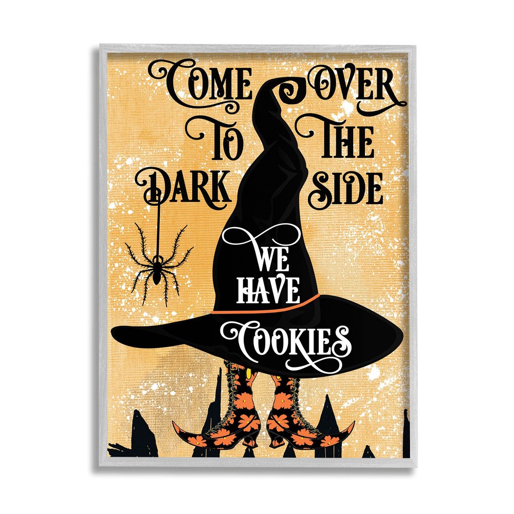 Stupell Industries Dark Side Has Cookies Festive Halloween Witch Hat, Designed by Jill Meyer Gray Framed Wall Art, Yellow