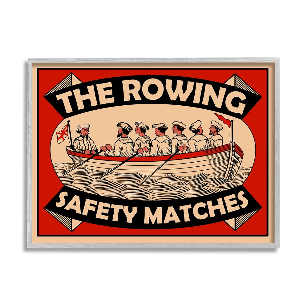 Stupell Industries The Rowing Team Safety Matches Vintage Nautical Sport, Designed by Mark Rogan Gray Framed Wall Art, Red