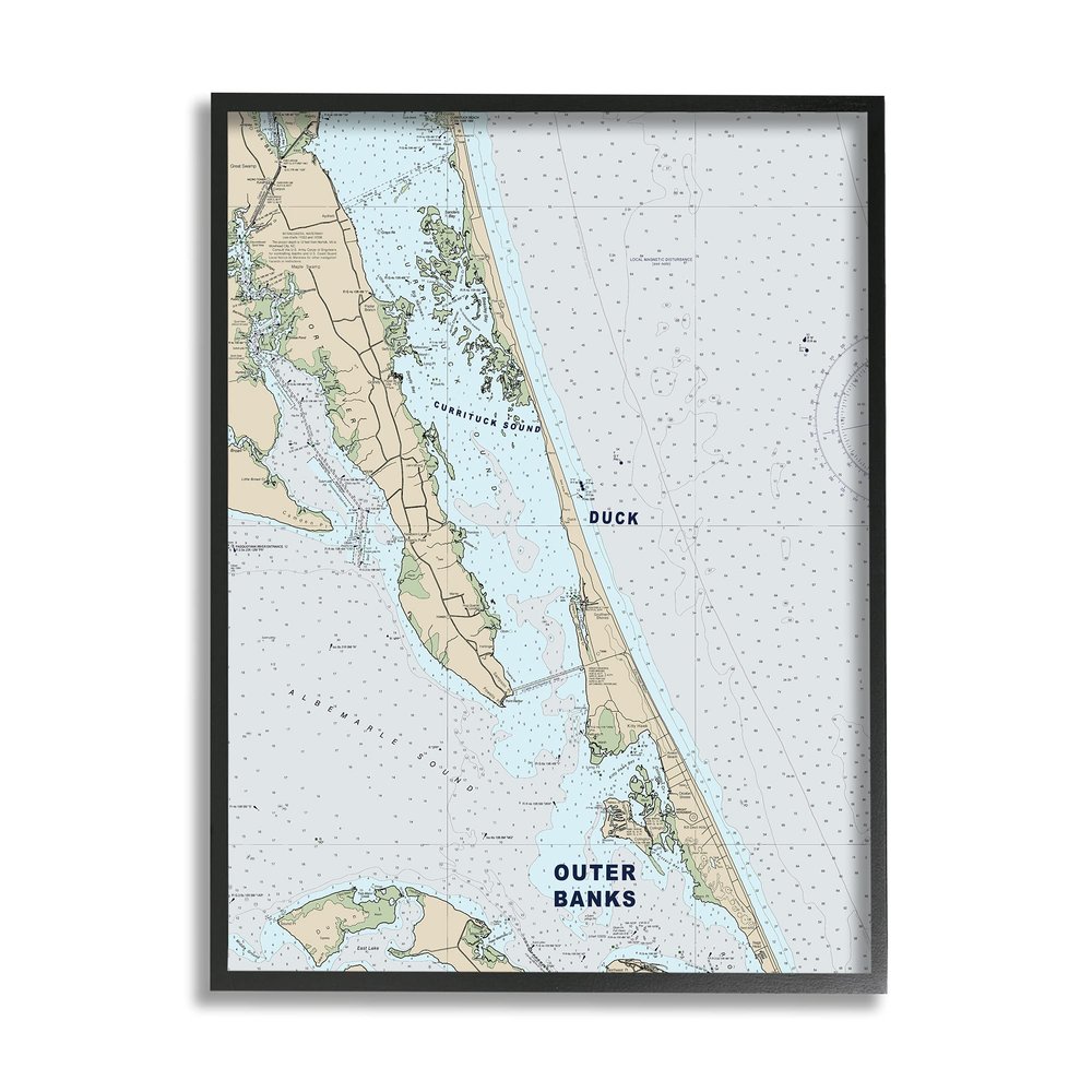 Stupell Industries Outer Banks North Carolina Cartography Nautical Map, Designed by Daphne Polselli Black Framed Wall Art, Grey