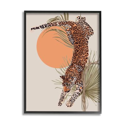 Stupell Industries Jungle Cat Leopard Pounce Orange Sun Palm Leaf
