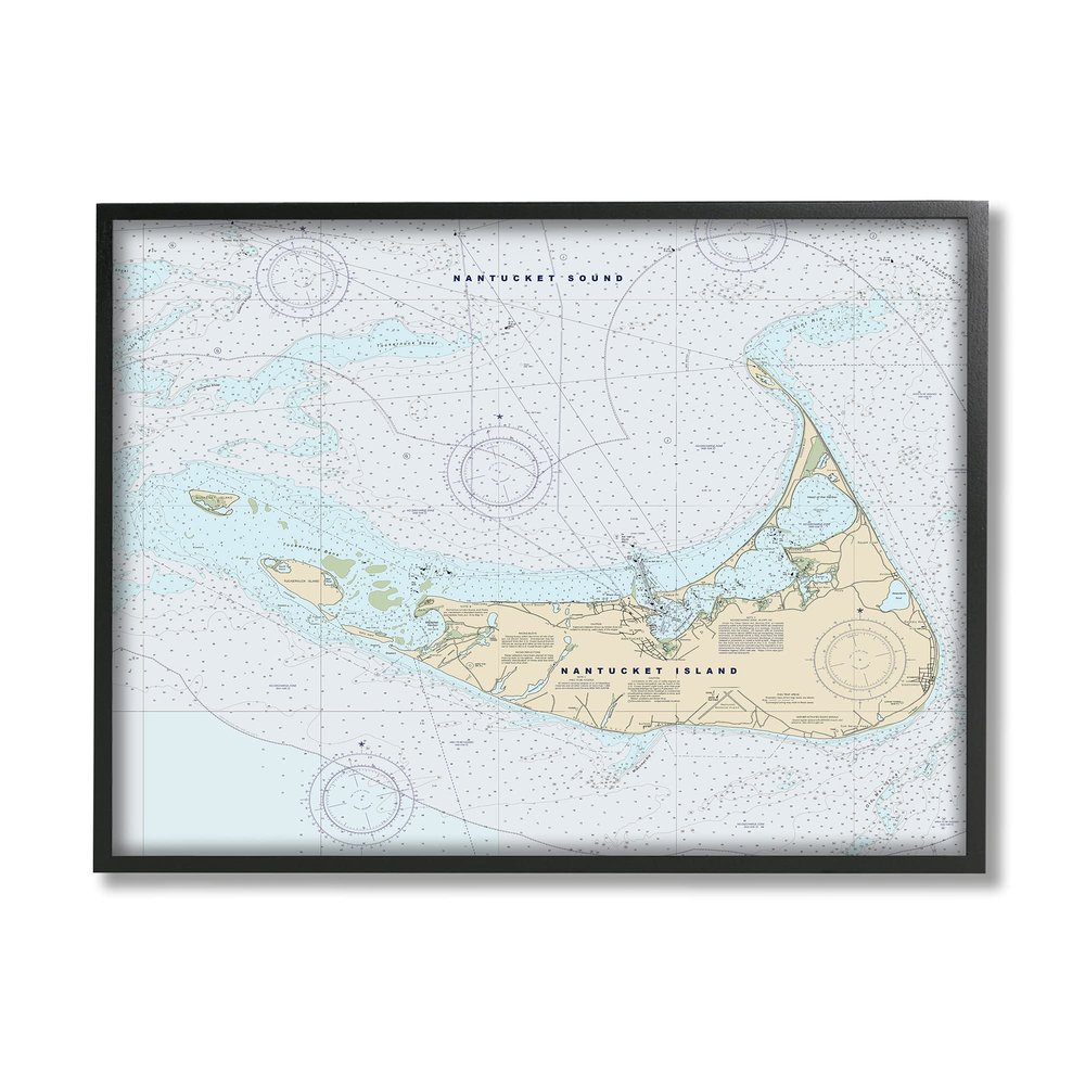 Stupell Industries Nantucket Island Coastal Massachusetts Traditional Nautical Map, Designed by Daphne Polselli Black Framed Wall Art, Tan