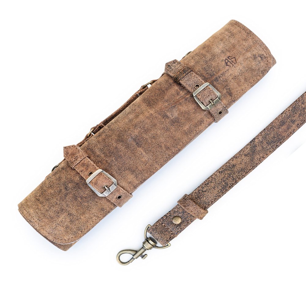 Angus Stoke Knife Roll Bag Genuine Leather  knife case for Chefs 7 slots  Leather Knife with handle and strap Frank (Brown-Antique)